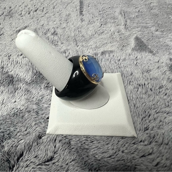 14K Yellow Gold Blue Quartz & Black Onyx Statement Ring Size 10 - Picture 6 of 10